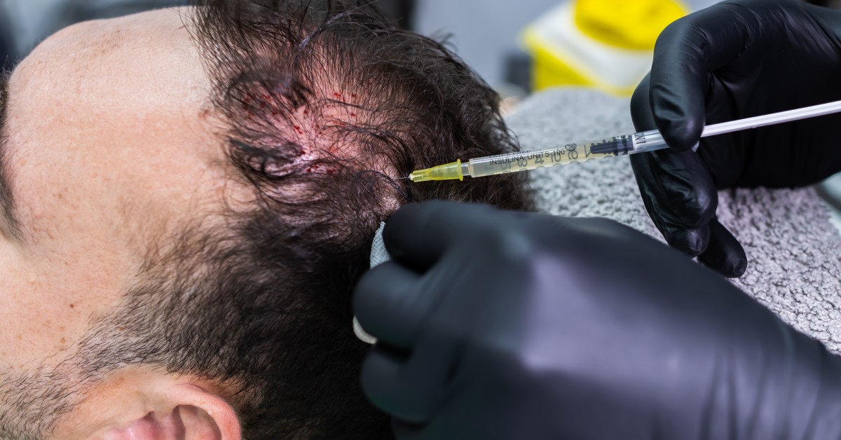 A man with thinning hair receives scalp injections, showing some redness and minor bleeding at the injection sites.